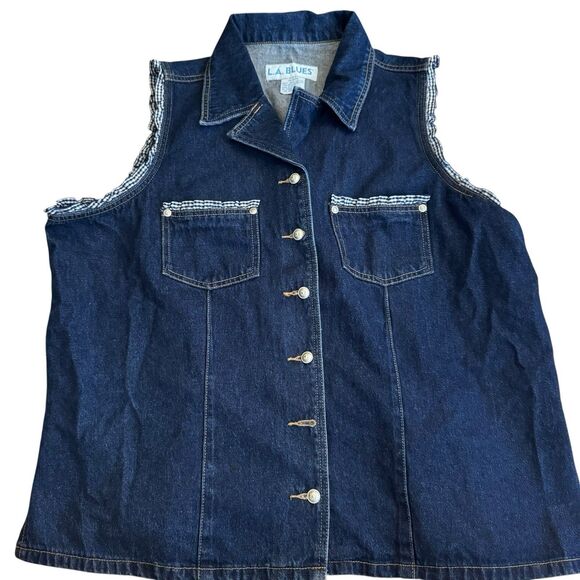 Vintage Denim Vest LA Blues Frill Sleeves Flower Buttons 1990s Size 18/20w - Picture 1 of 10